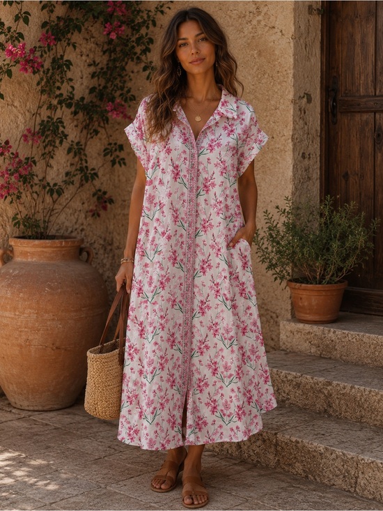 crown & ivy Dresses & Skirts - Crown & Ivy Pink Boho Floral Cotton Pocketed Midi Dress